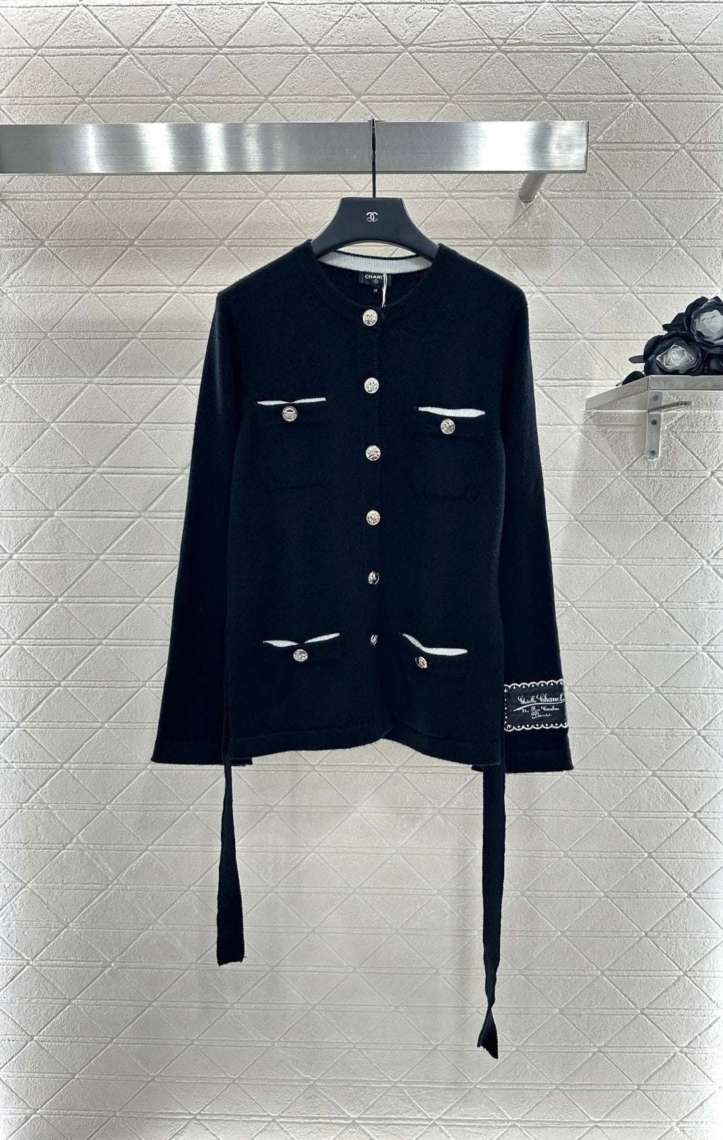 Contrast-Color Belted Knit Cardigan