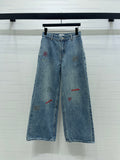 Embroidered Pattern Wide-Leg Denim Pants
