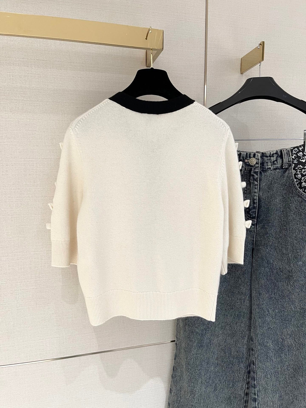 Bow-tie openwork cashmere cardigan with short sleeves