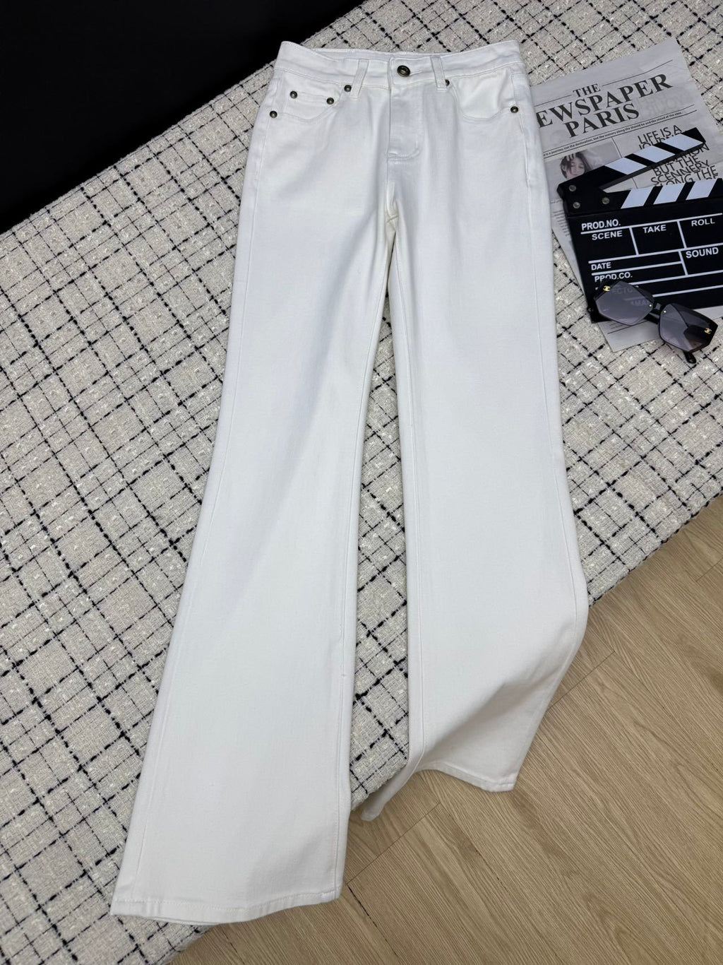 Embroidered mesh flared pants with back pockets