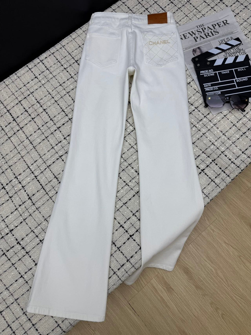 Embroidered mesh flared pants with back pockets