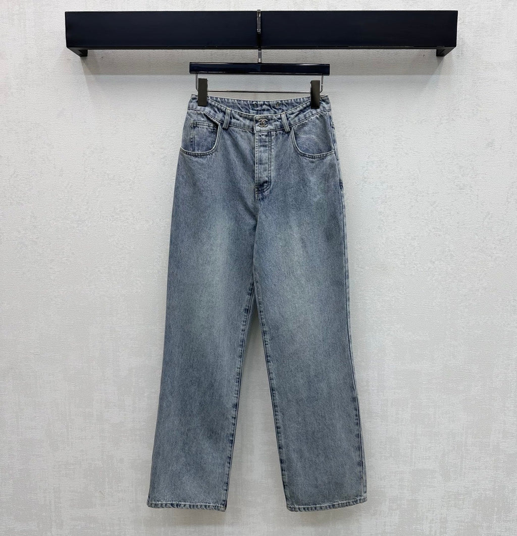 Embroidered Straight-Leg Denim Pants