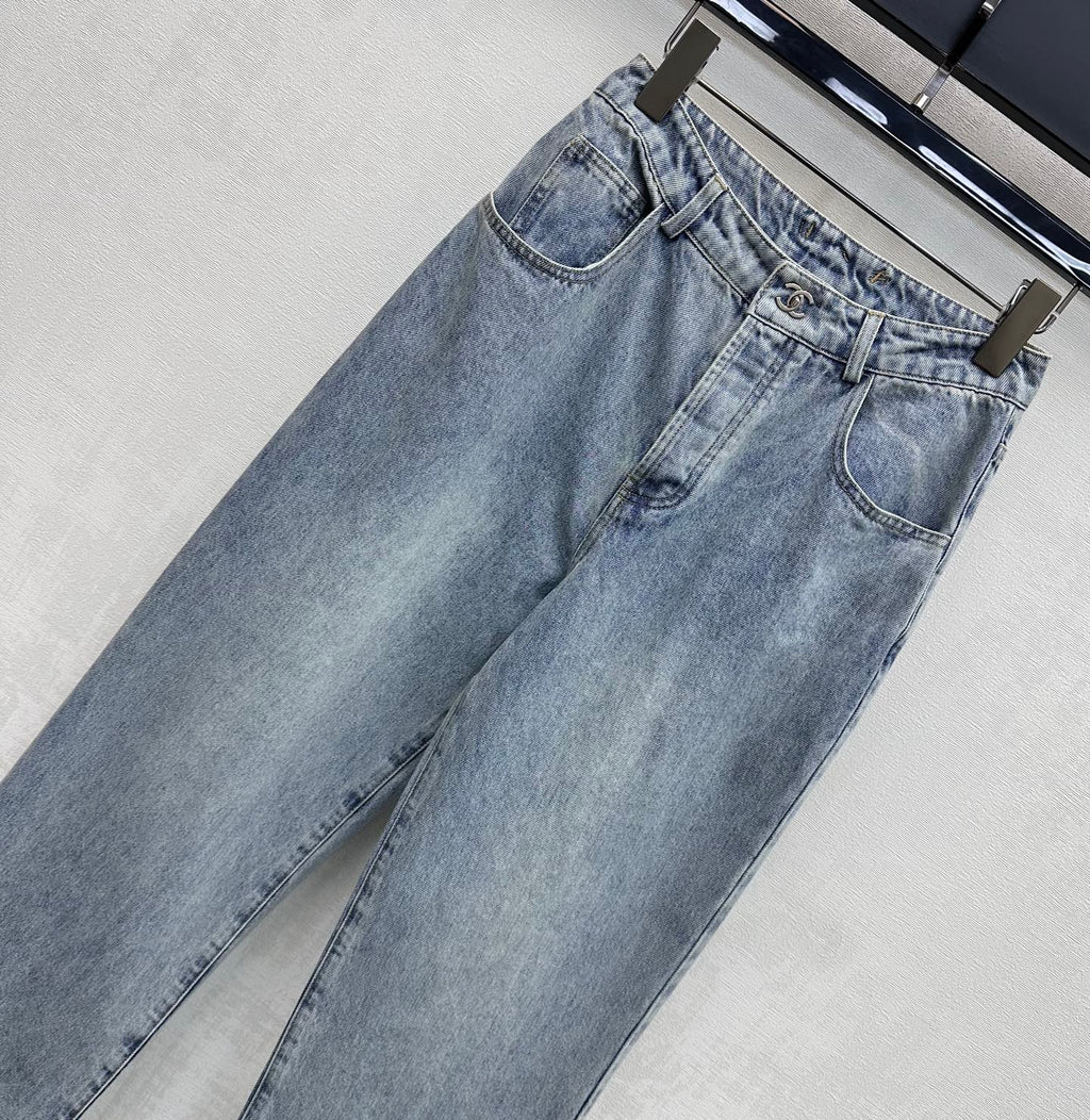 Embroidered Straight-Leg Denim Pants
