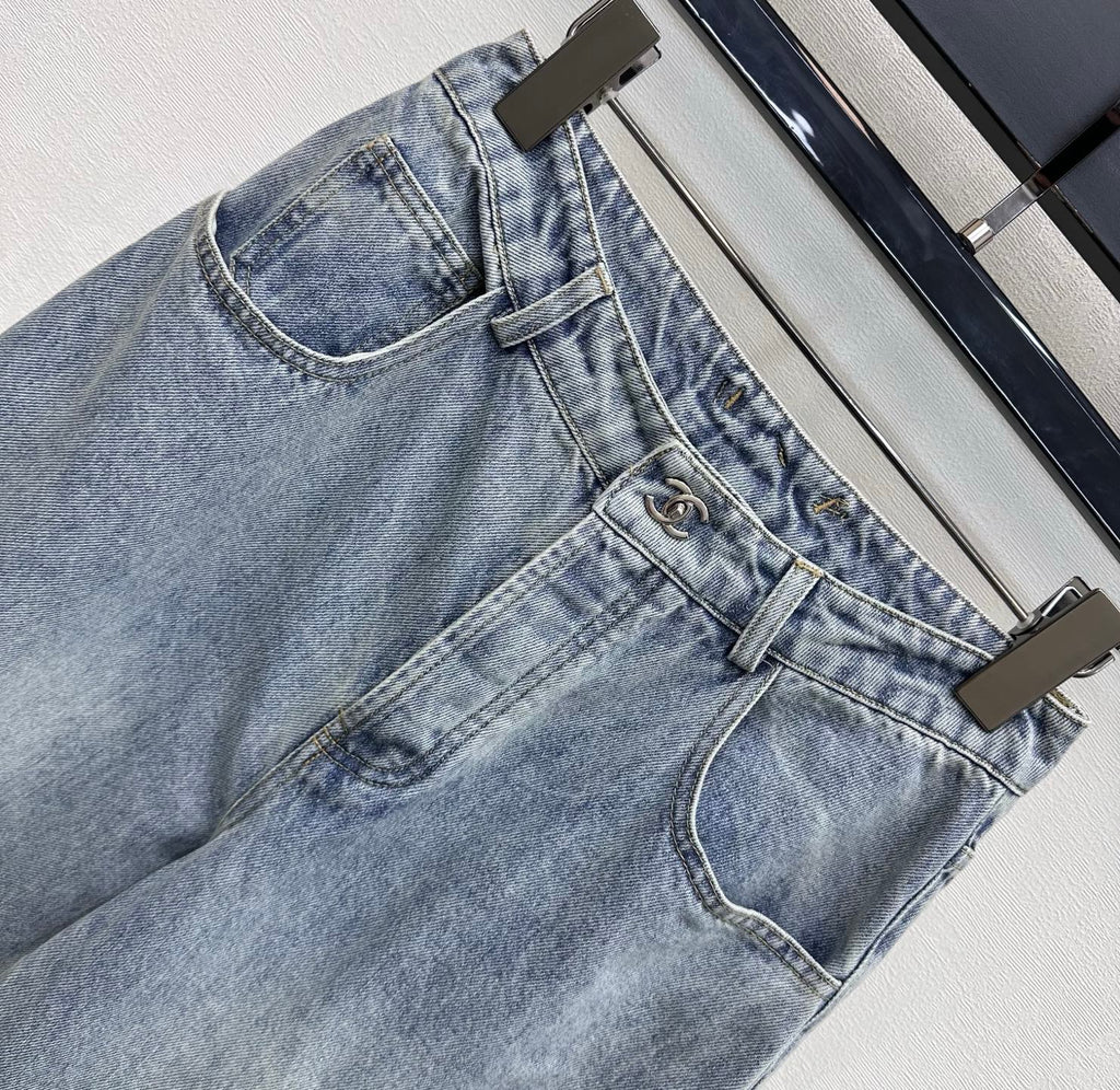 Embroidered Straight-Leg Denim Pants
