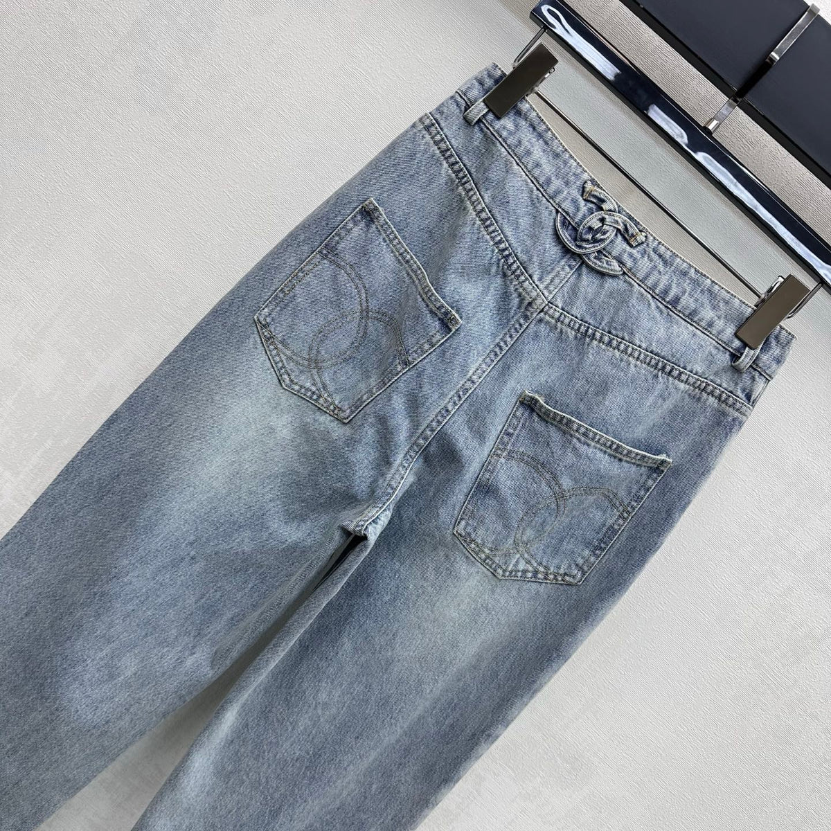 Embroidered Straight-Leg Denim Pants