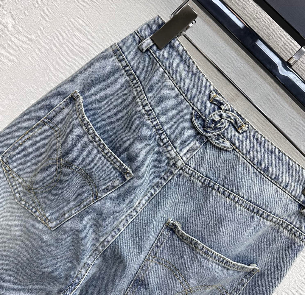 Embroidered Straight-Leg Denim Pants