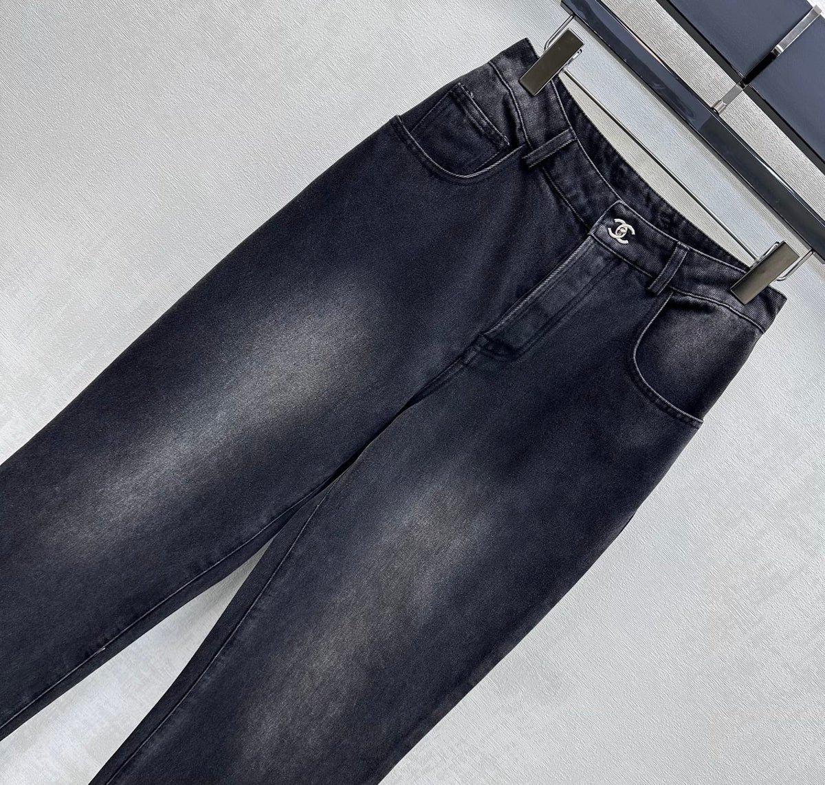 Embroidered Straight-Leg Denim Pants