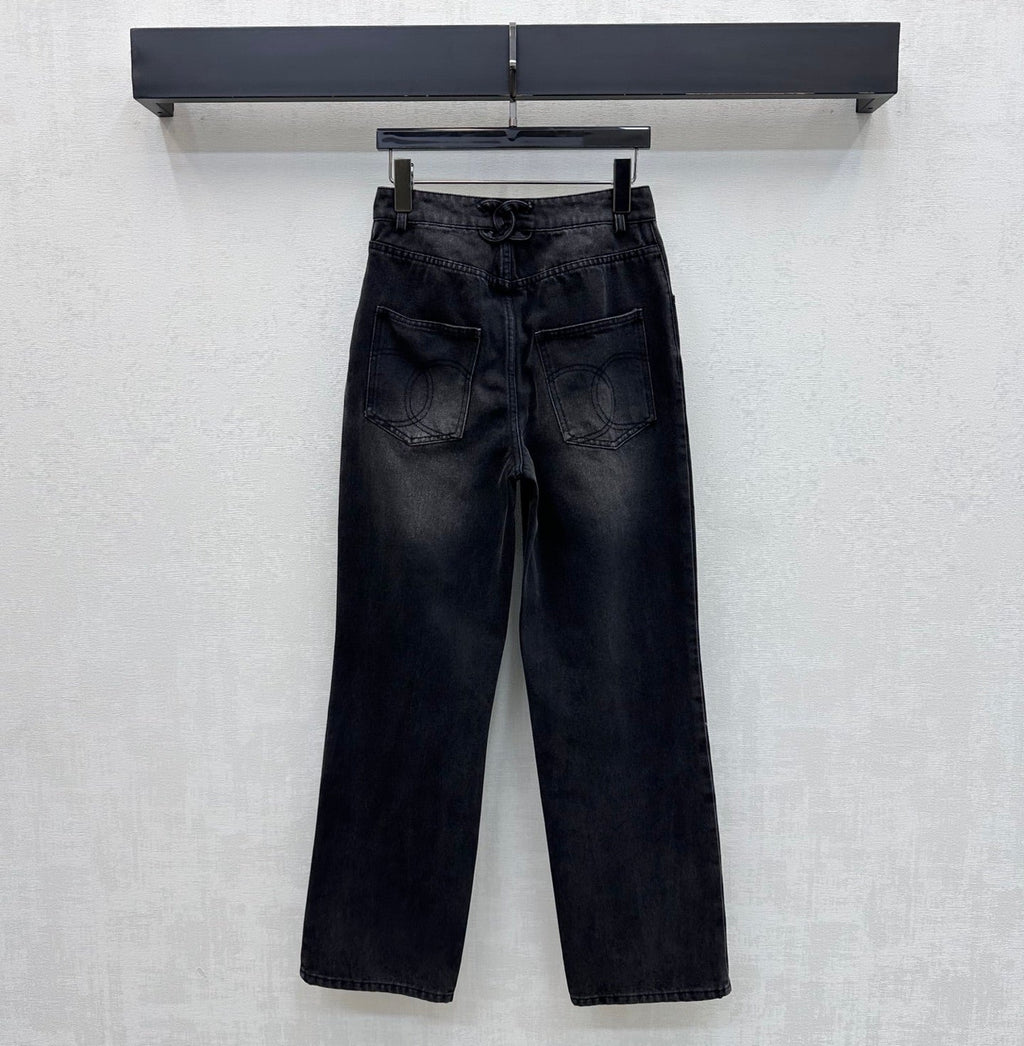Embroidered Straight-Leg Denim Pants