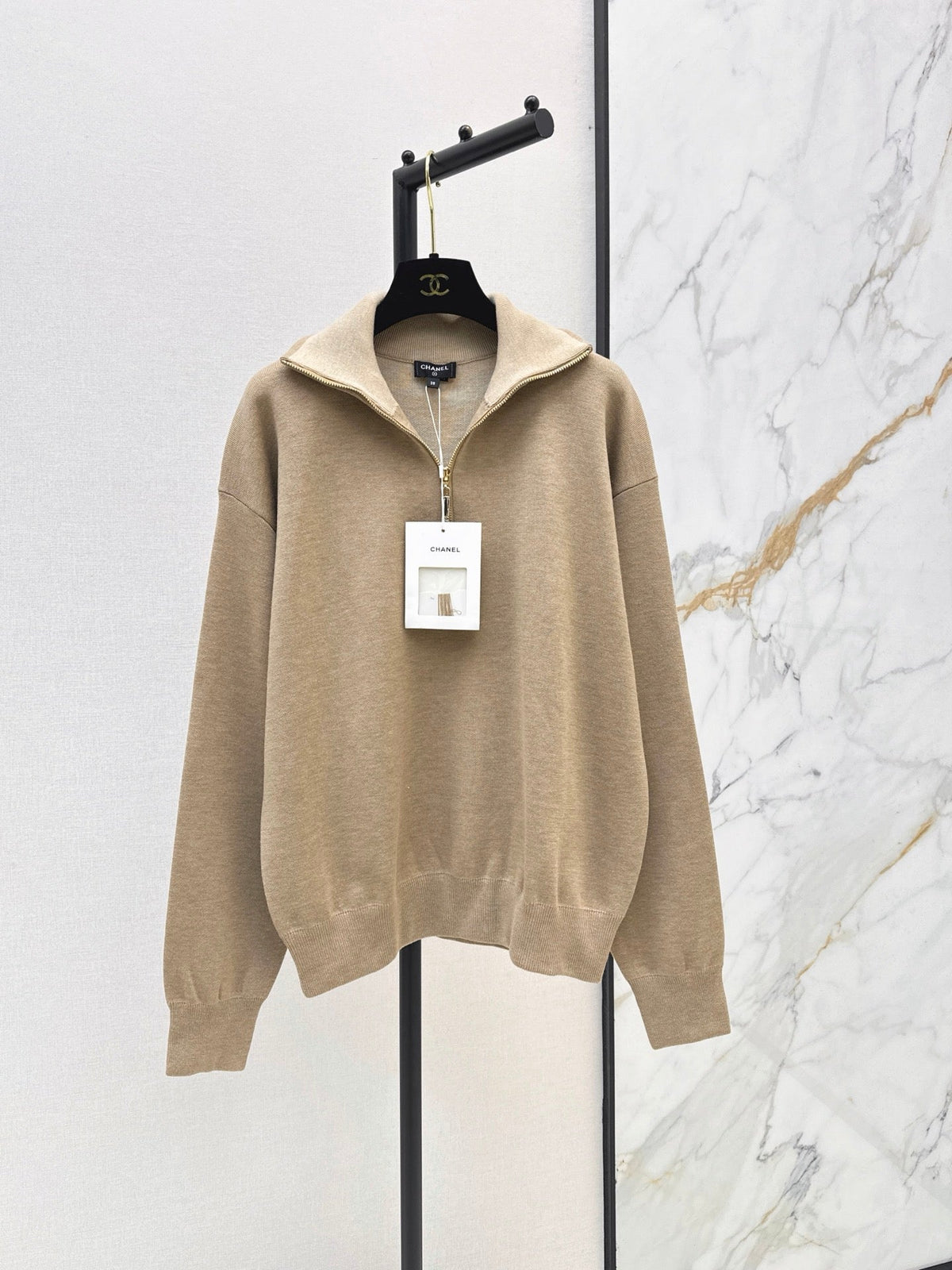 Beige Half-Zip Knit Top