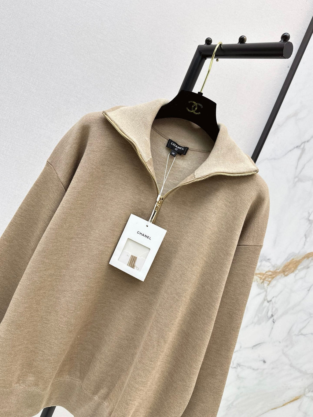 Beige Half-Zip Knit Top