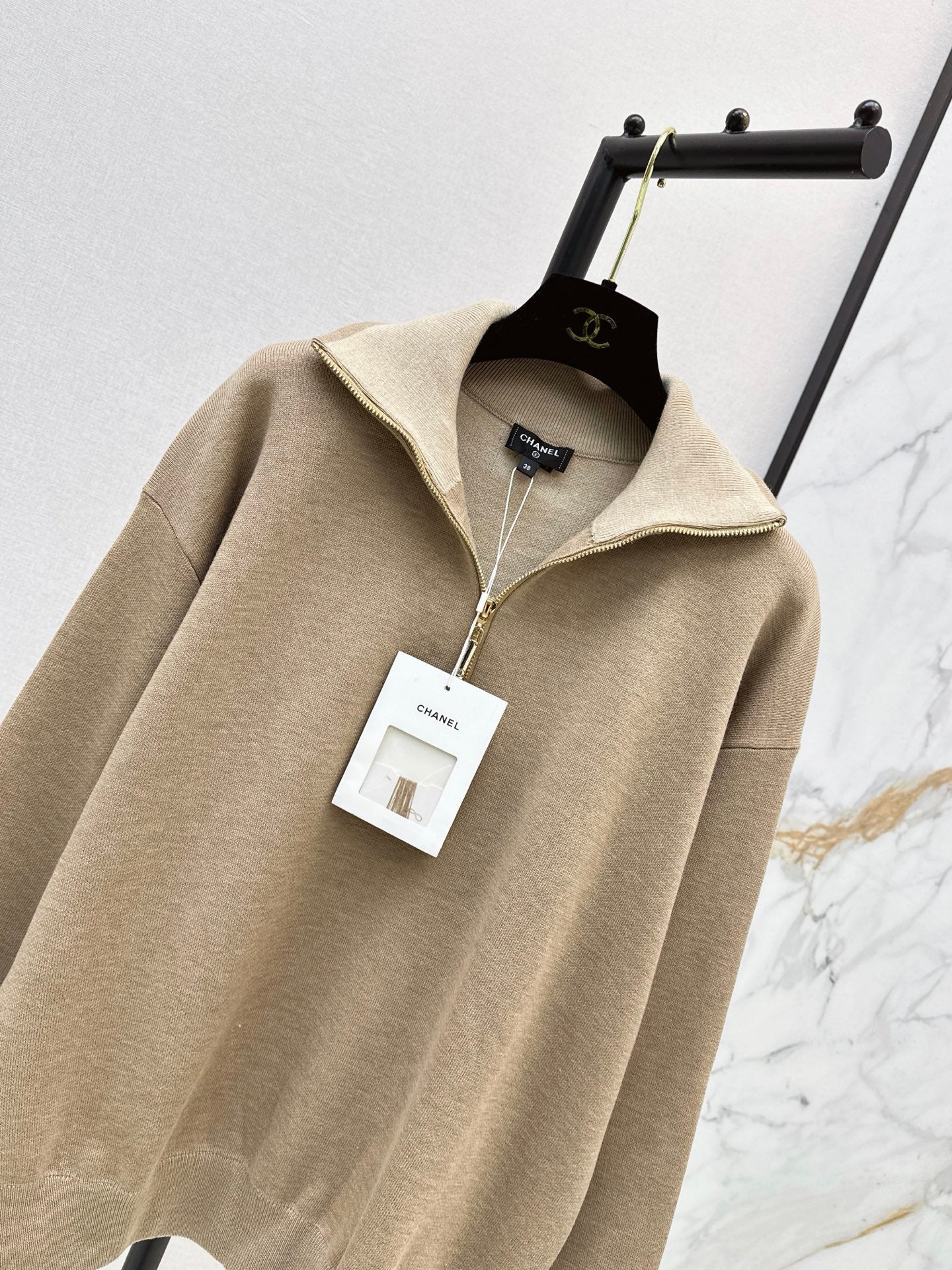 Beige Half-Zip Knit Top