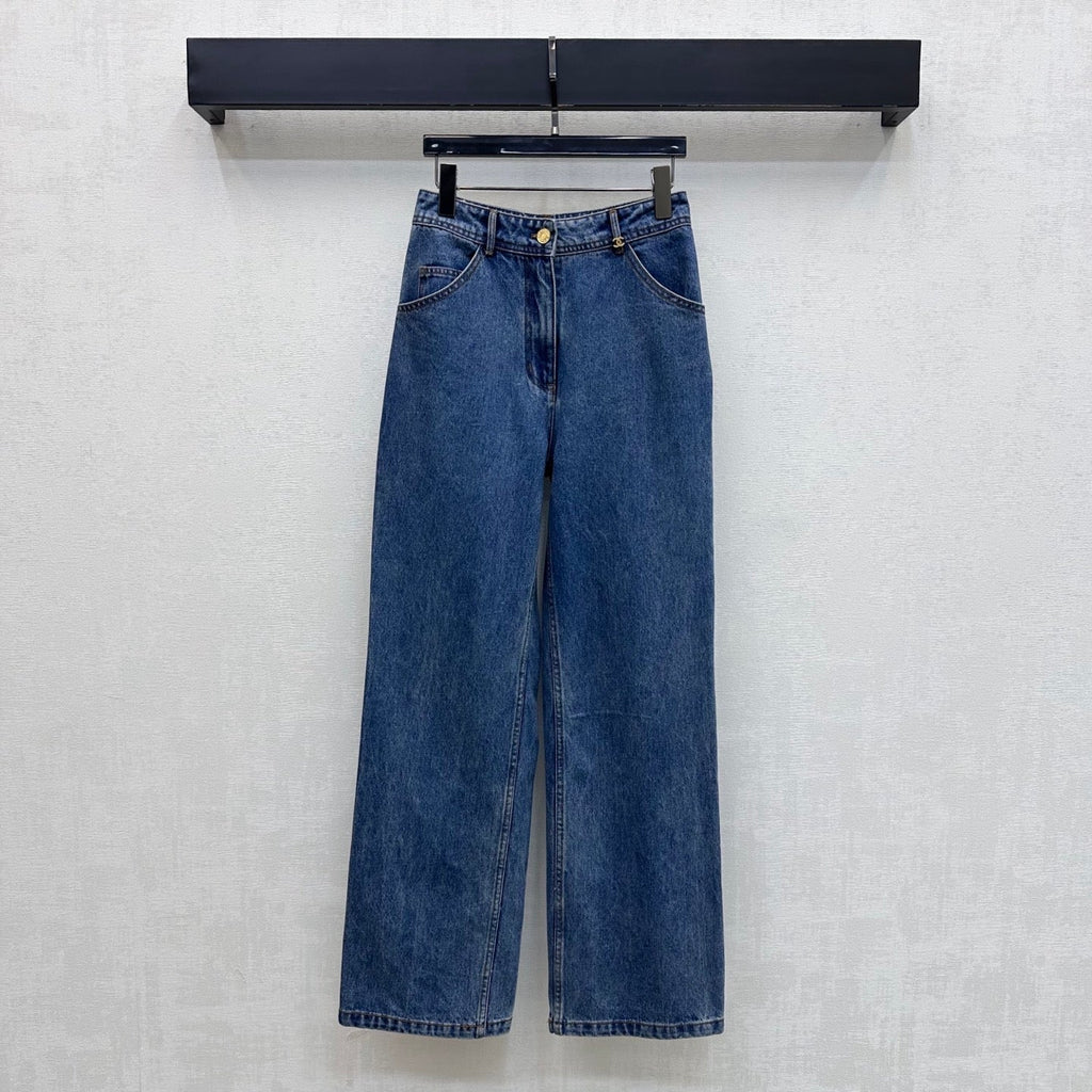 Chanel/Embroidered Straight-Leg Denim Trousers