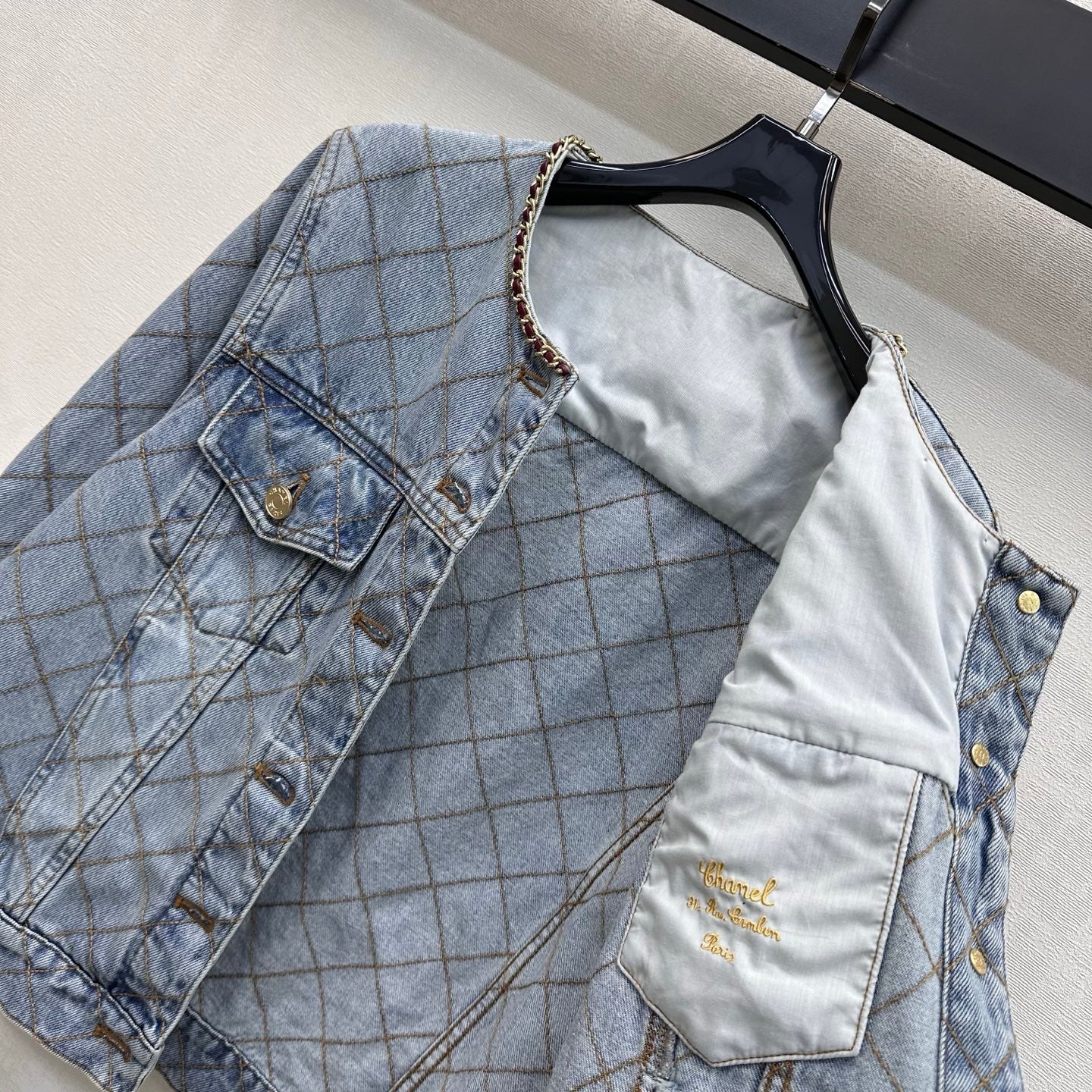 Chanel/Quilted Denim Jacket with Chain Detail