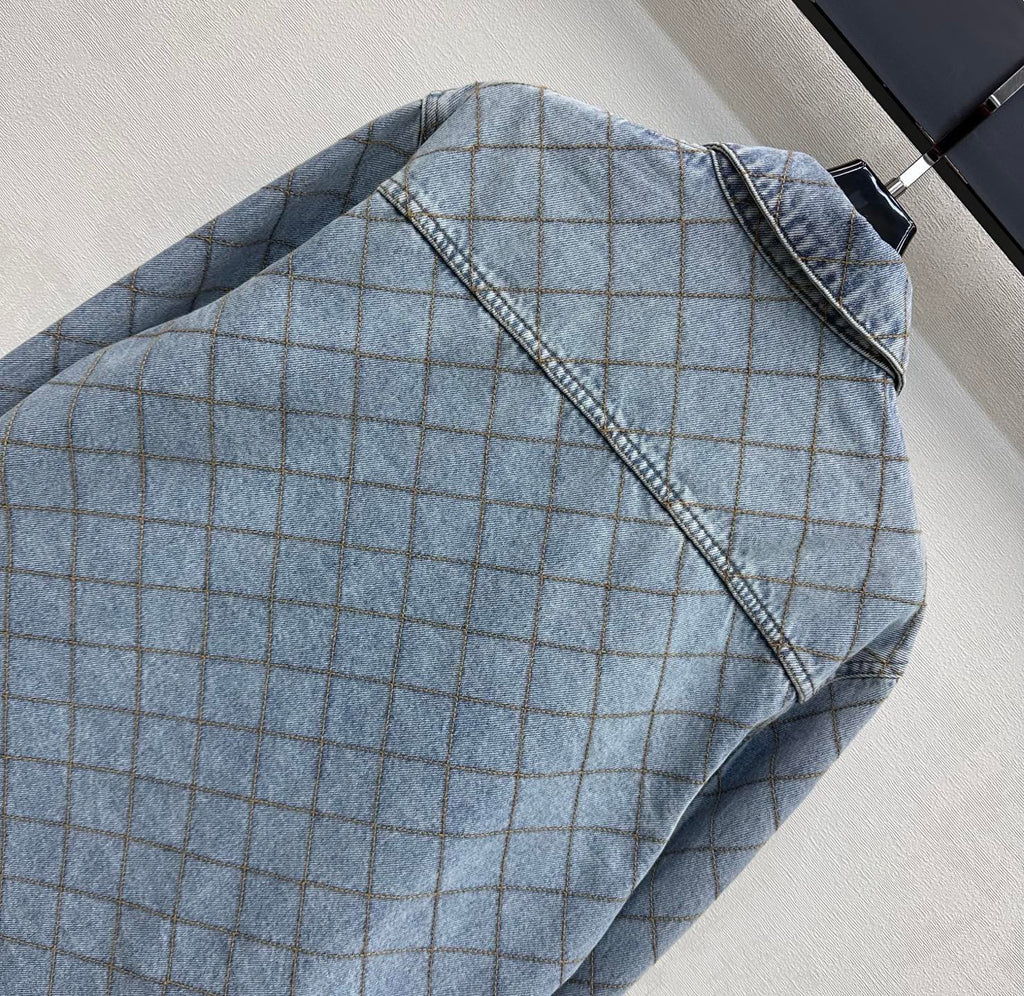 Chanel/Diamond-Quilted Denim Shirt with Collar