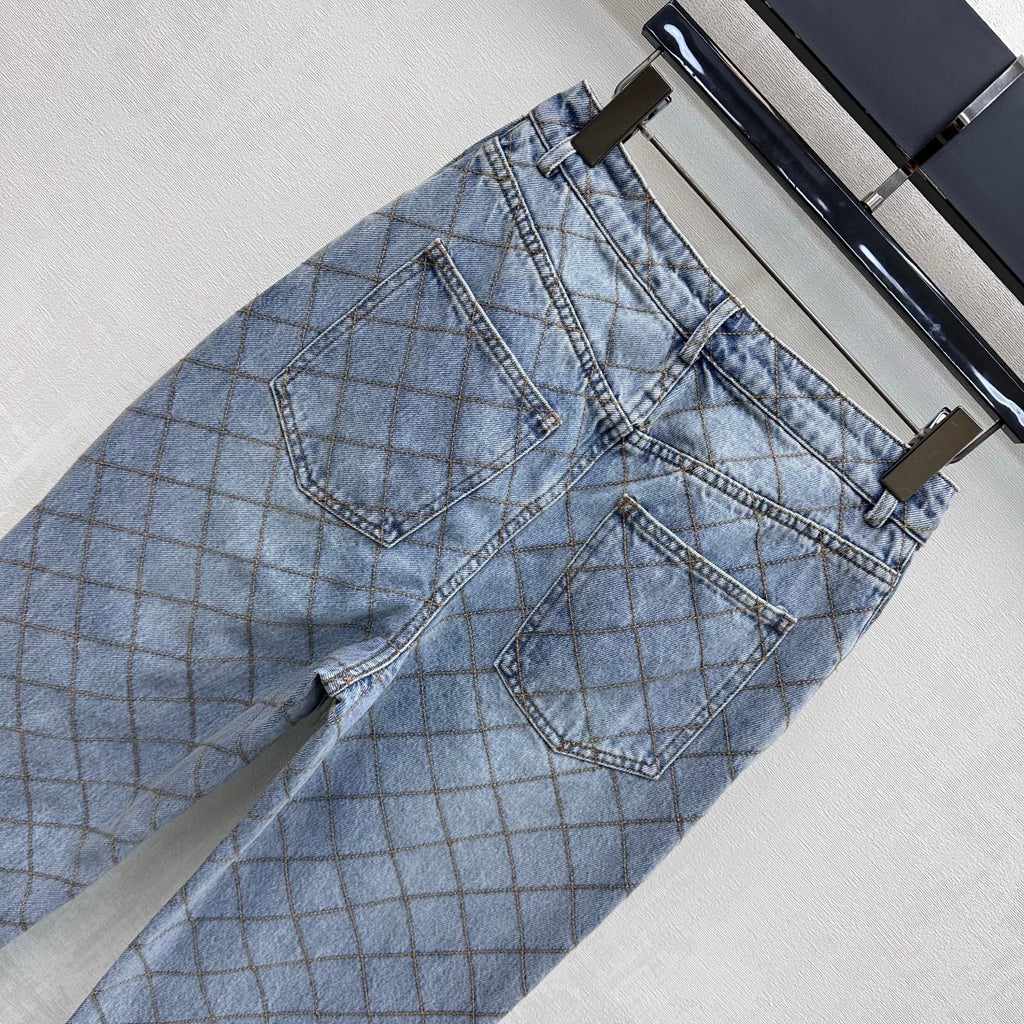 Chanel/Quilted Denim Trousers with Chain Detail