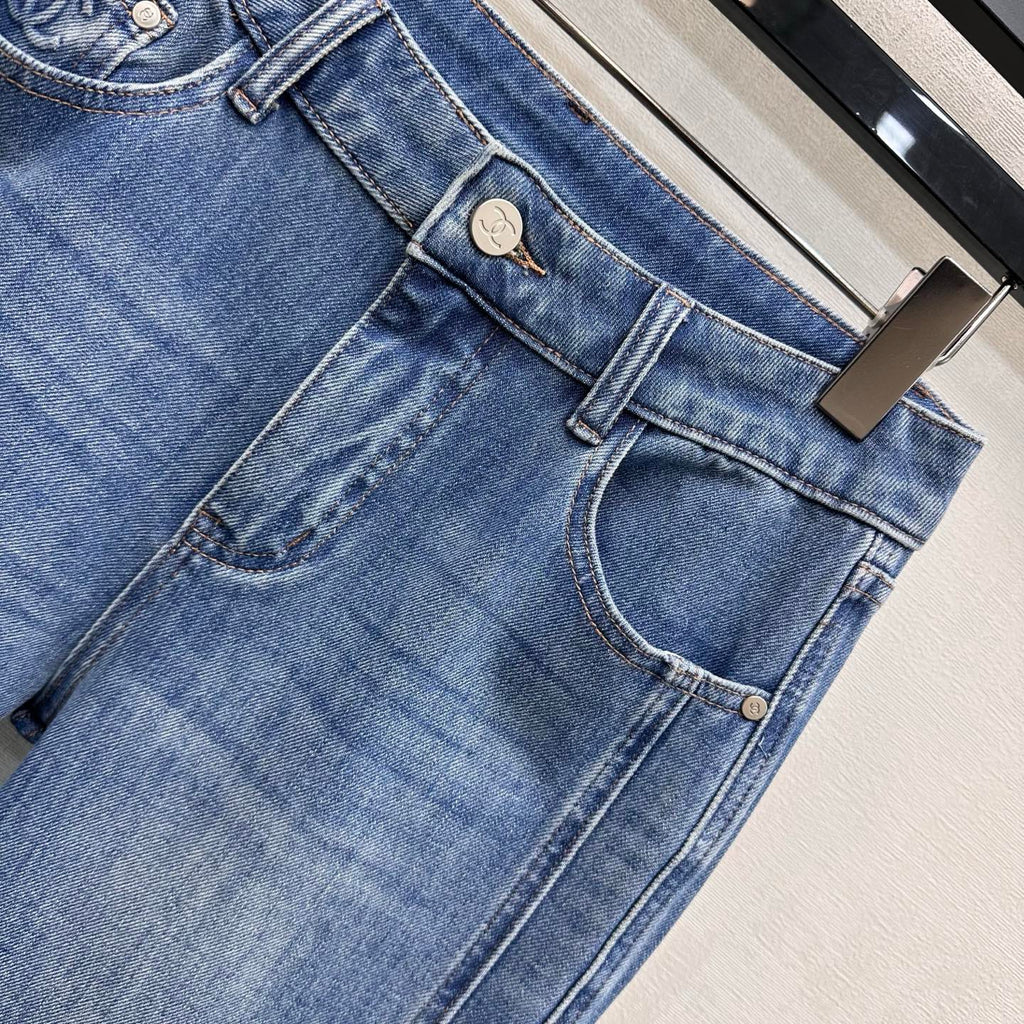 Chanel/Leather-Patch Bootcut Denim Trousers