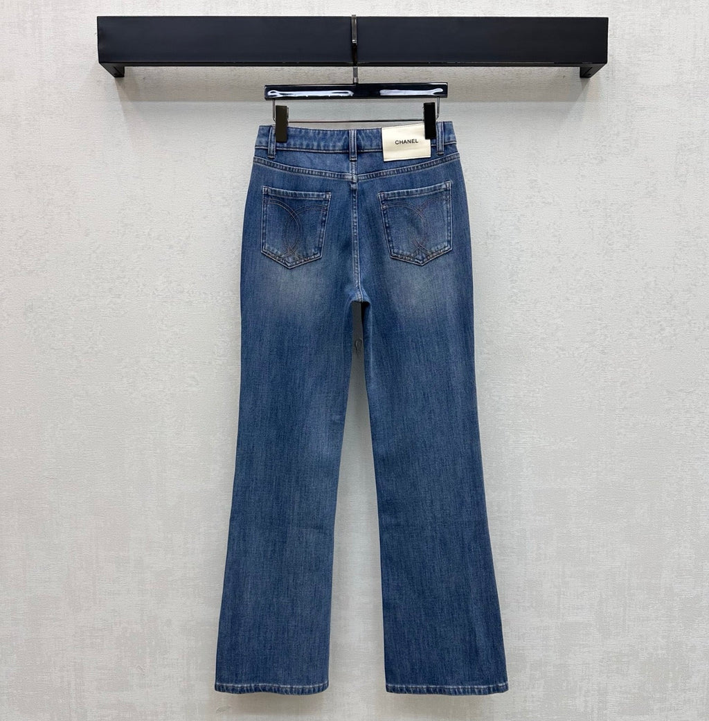 Chanel/Leather-Patch Bootcut Denim Trousers