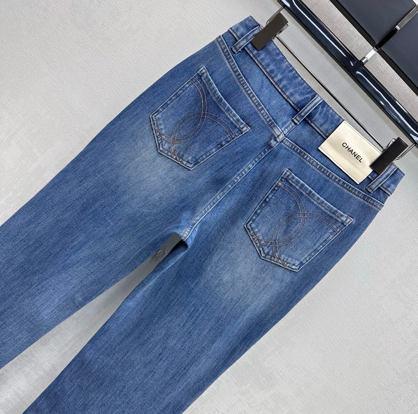 Chanel/Leather-Patch Bootcut Denim Trousers