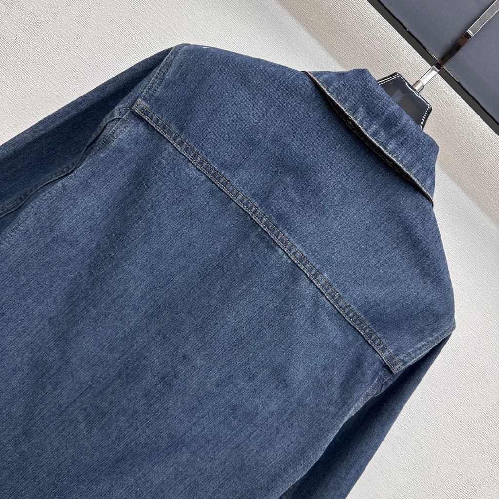 Chanel/Leather-Collared Denim Shirt-Jacket