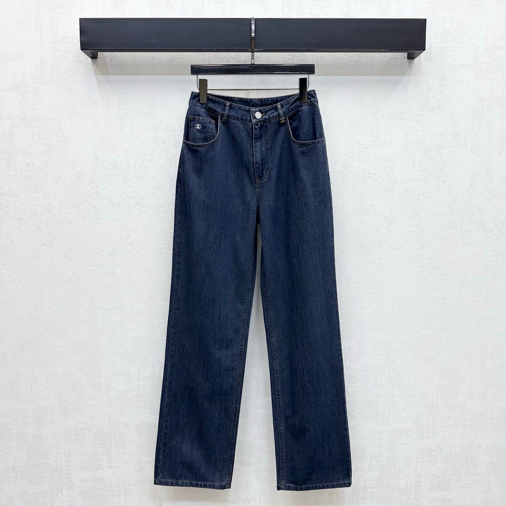 Chanel/Leather-Patch Bootcut Denim Trousers