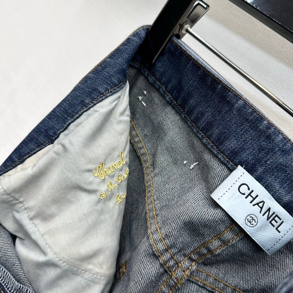 Chanel/Leather-Patch Bootcut Denim Trousers
