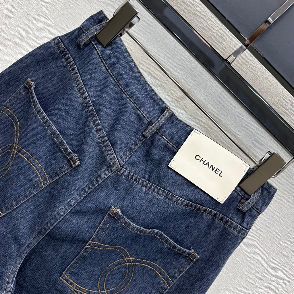 Chanel/Leather-Patch Bootcut Denim Trousers