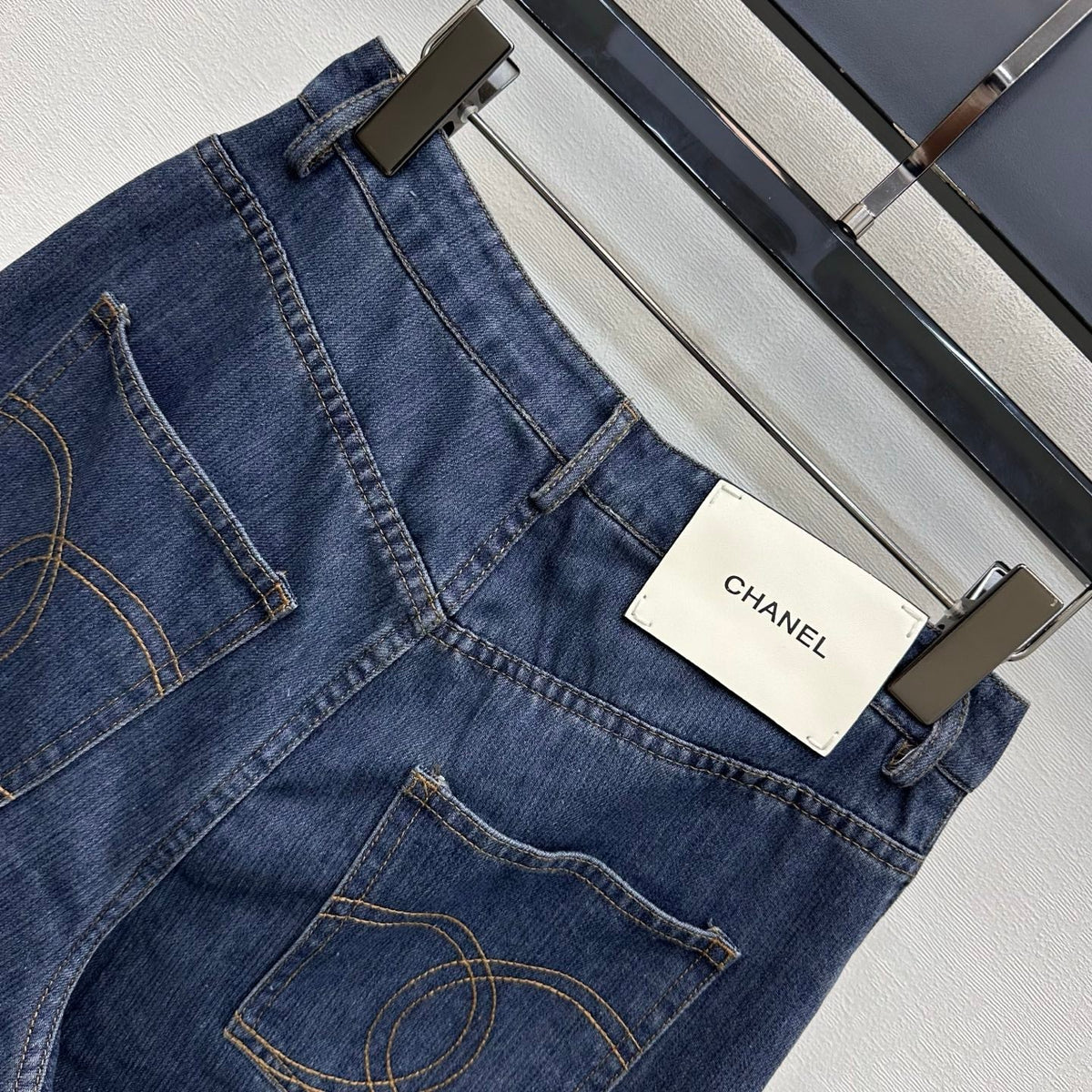 Chanel/Leather-Patch Bootcut Denim Trousers