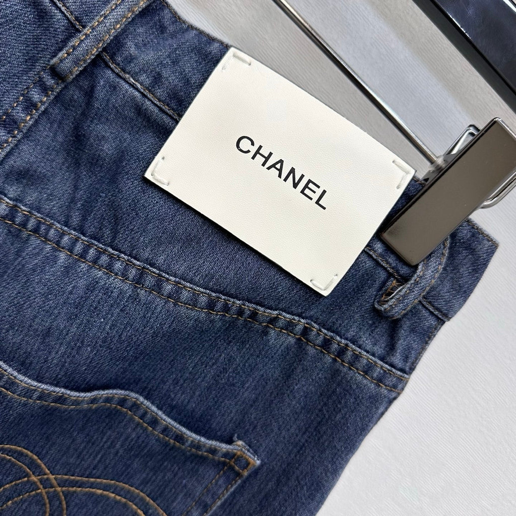Chanel/Leather-Patch Bootcut Denim Trousers