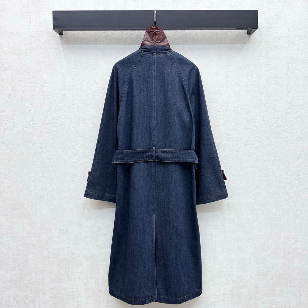 Chanel/Leather-Collared Denim Trench Coat