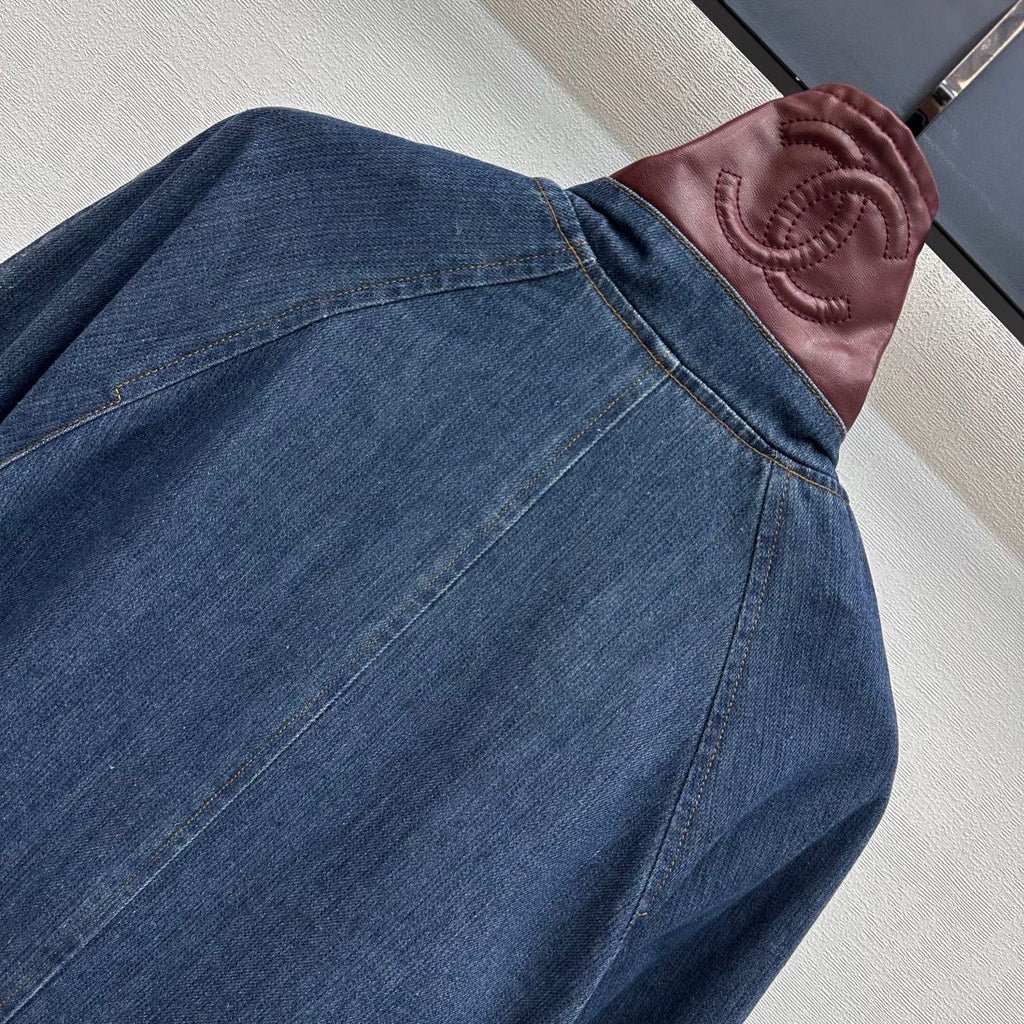 Chanel/Leather-Collared Denim Trench Coat