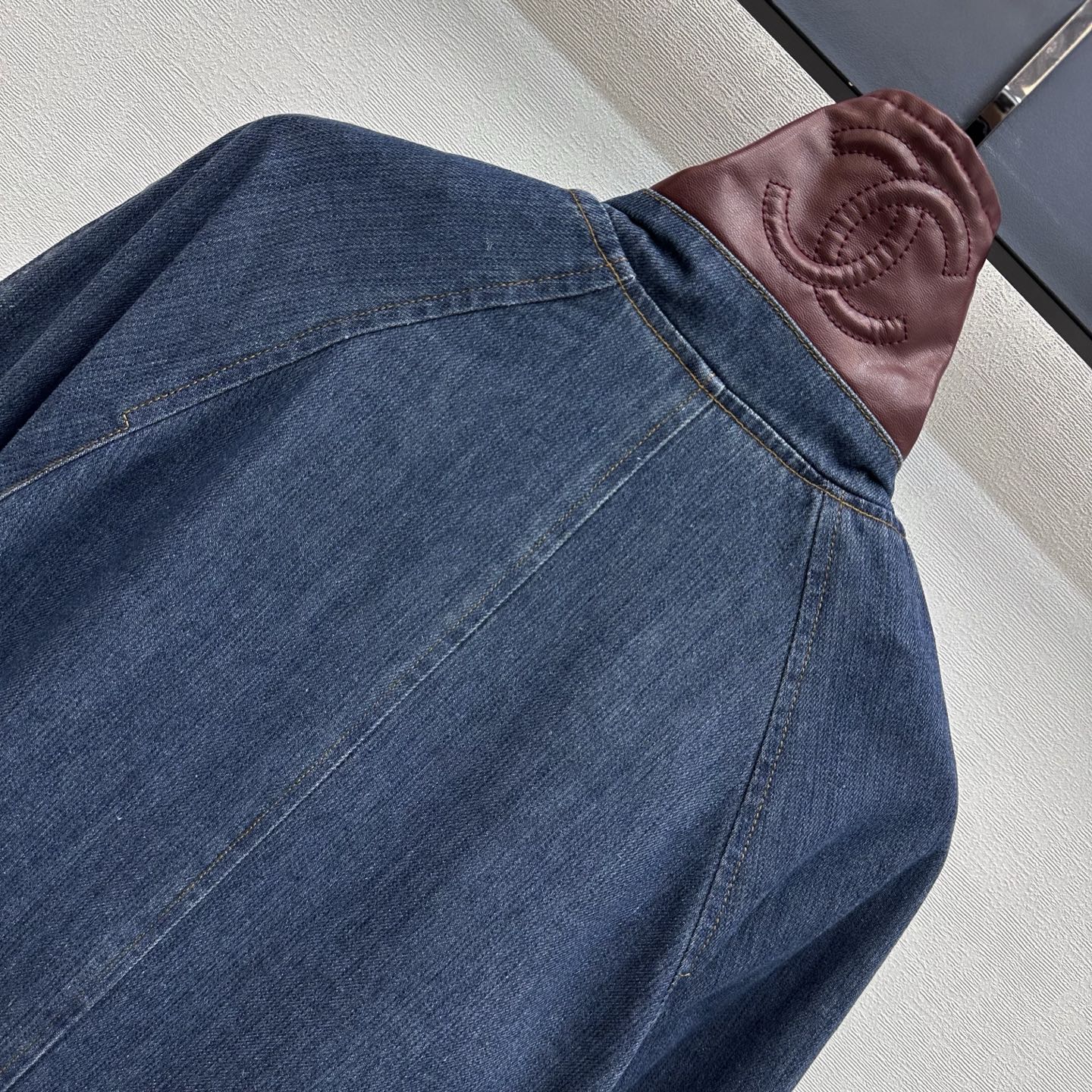 Chanel/Leather-Collared Denim Trench Coat