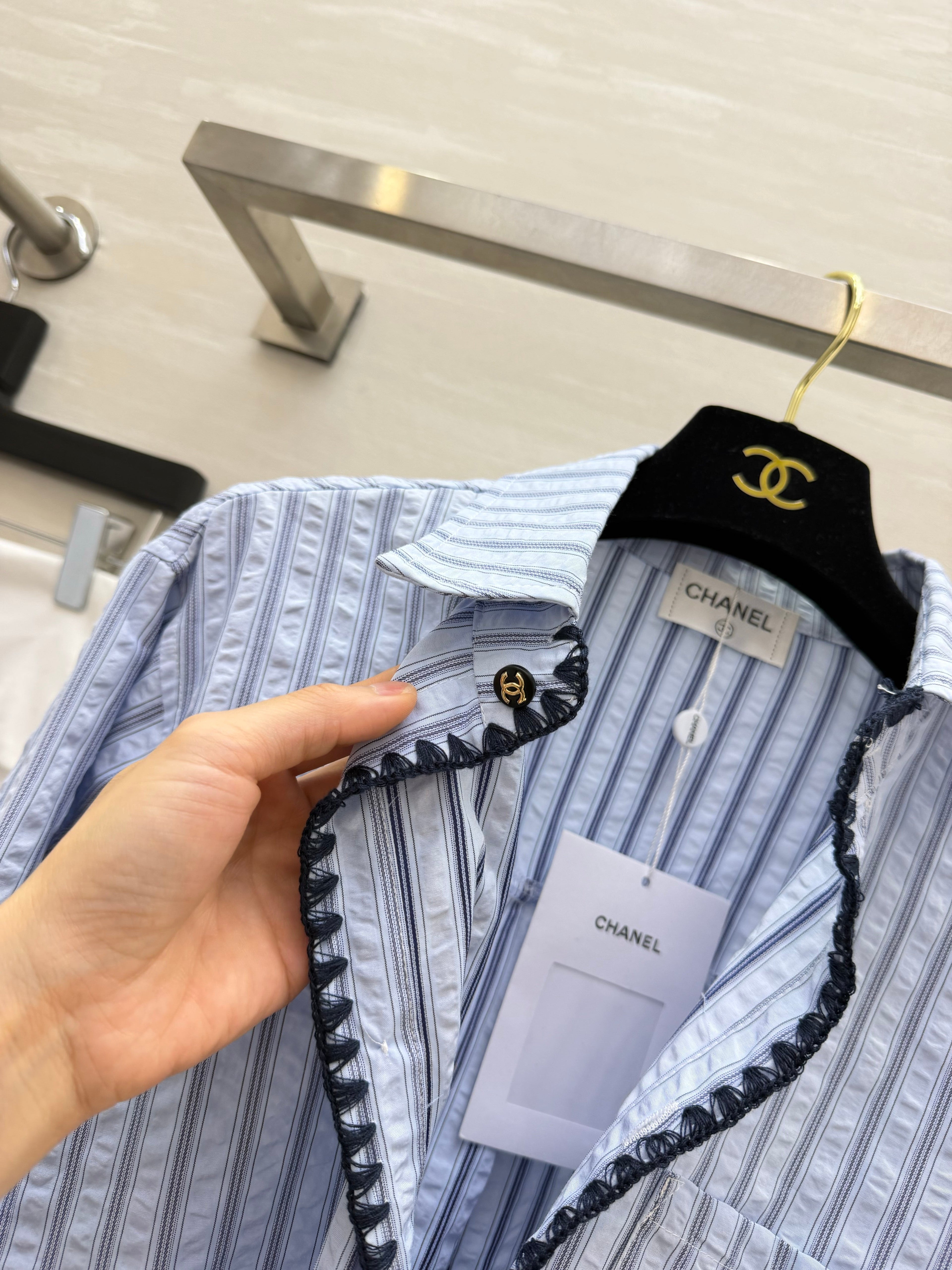 Textured Blue and White Striped Shirt