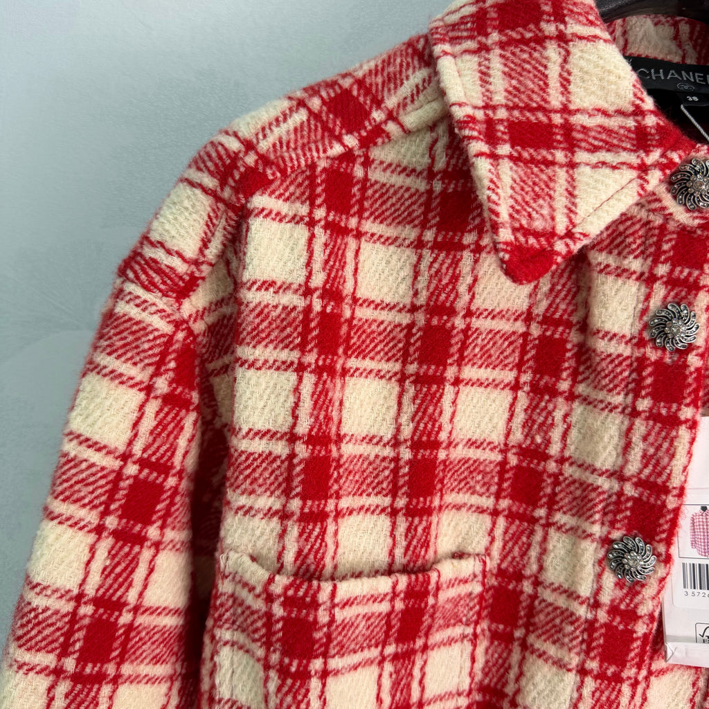 Red and White Check Wool-Blend Shirt Jacket