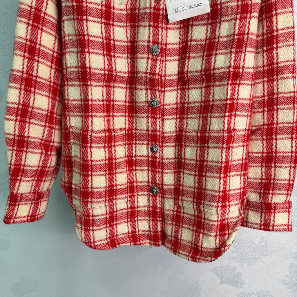 Red and White Check Wool-Blend Shirt Jacket
