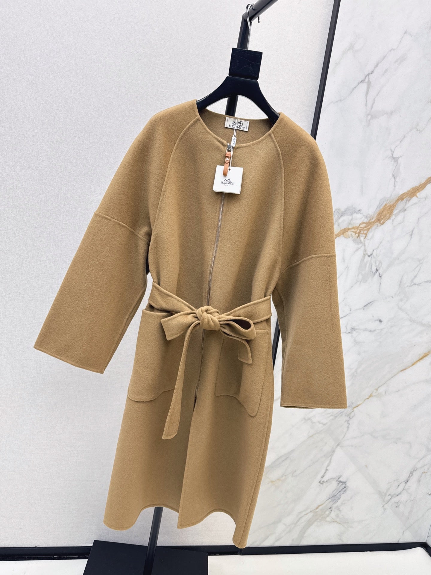 Hermès/26 Early Autumn New Double-Faced Round Neck Long Coat