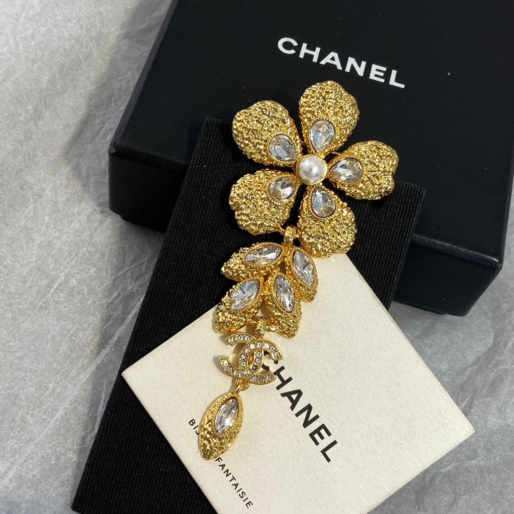 Golden Flower Petal and Marquise-Cut Stone Brooch