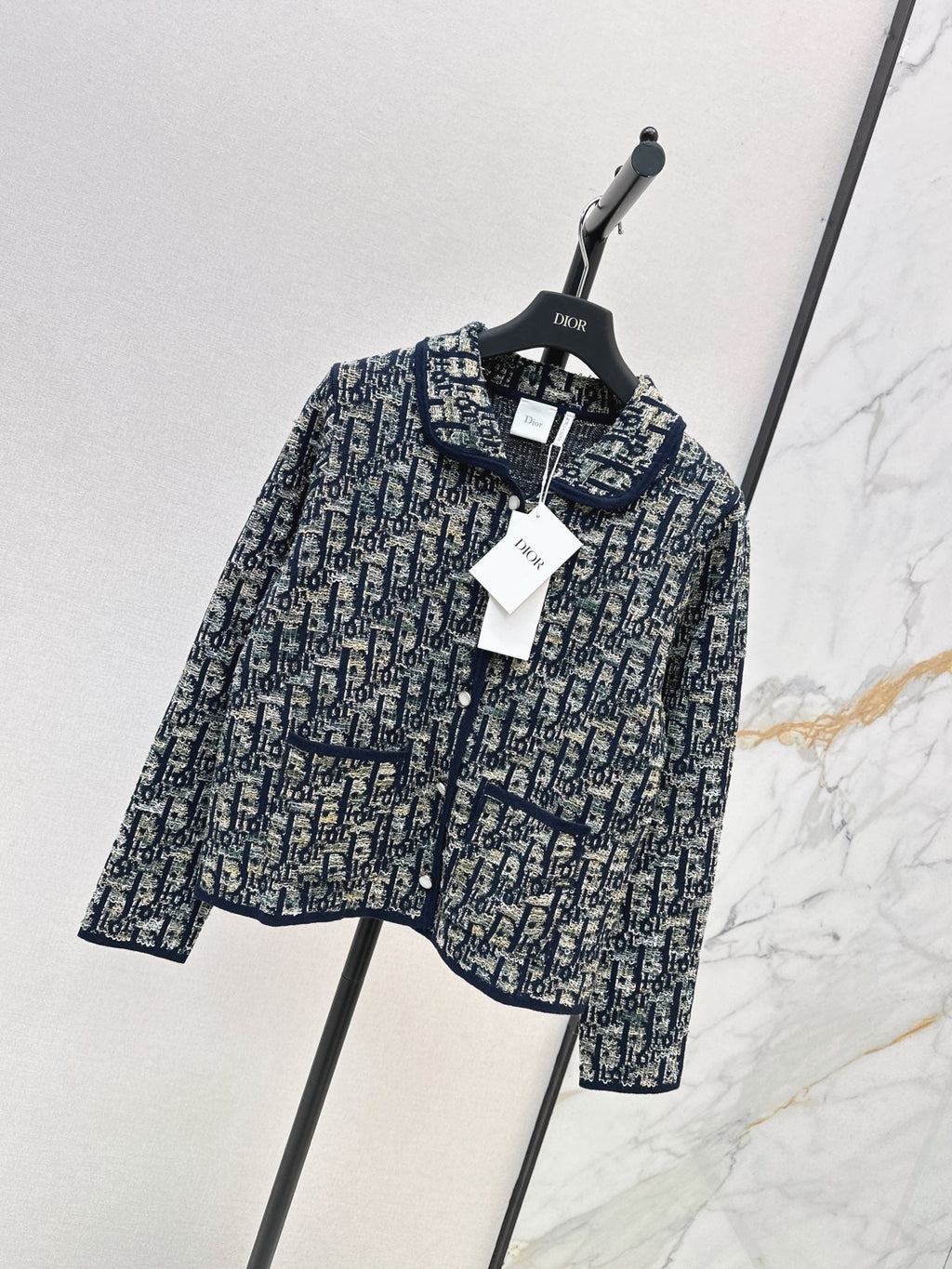 Jacquard-Knit Collared Cardigan