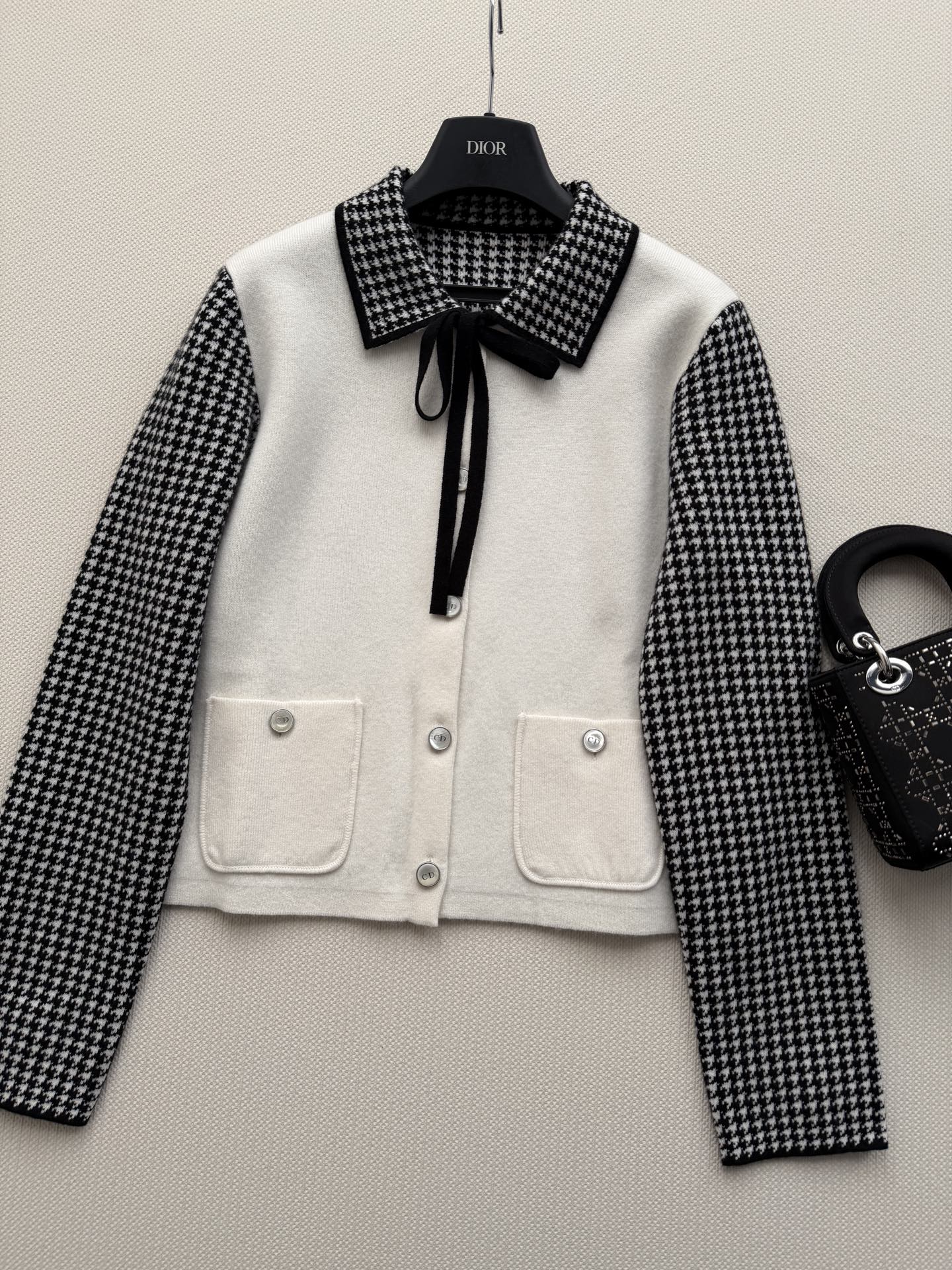 Classic Black & White Houndstooth Knit Jacket