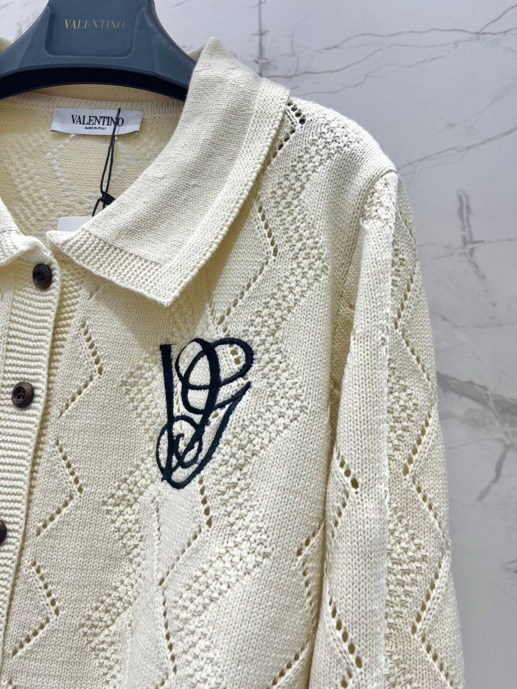 Valentino/26 New Simple Turn-Down Collar Hollow Crochet Knit Cardigan