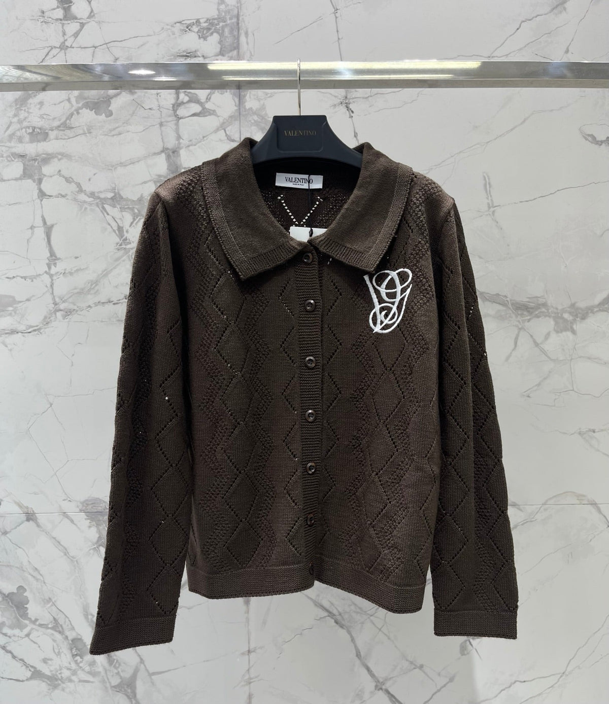 Valentino/26 New Simple Turn-Down Collar Hollow Crochet Knit Cardigan