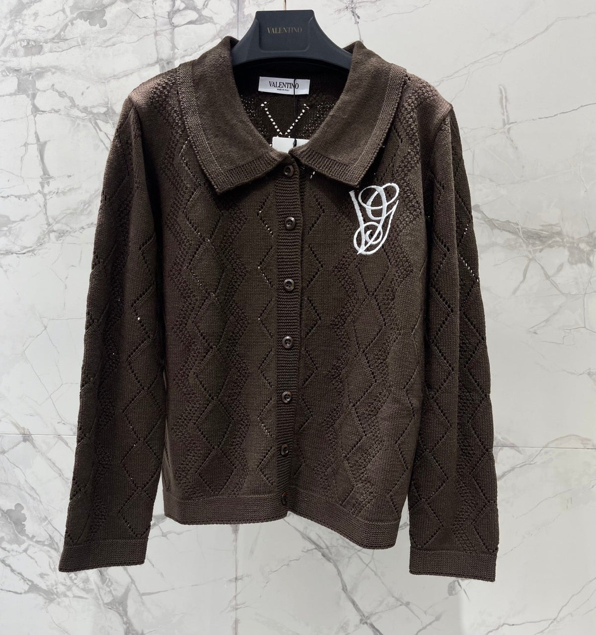 Valentino/26 New Simple Turn-Down Collar Hollow Crochet Knit Cardigan