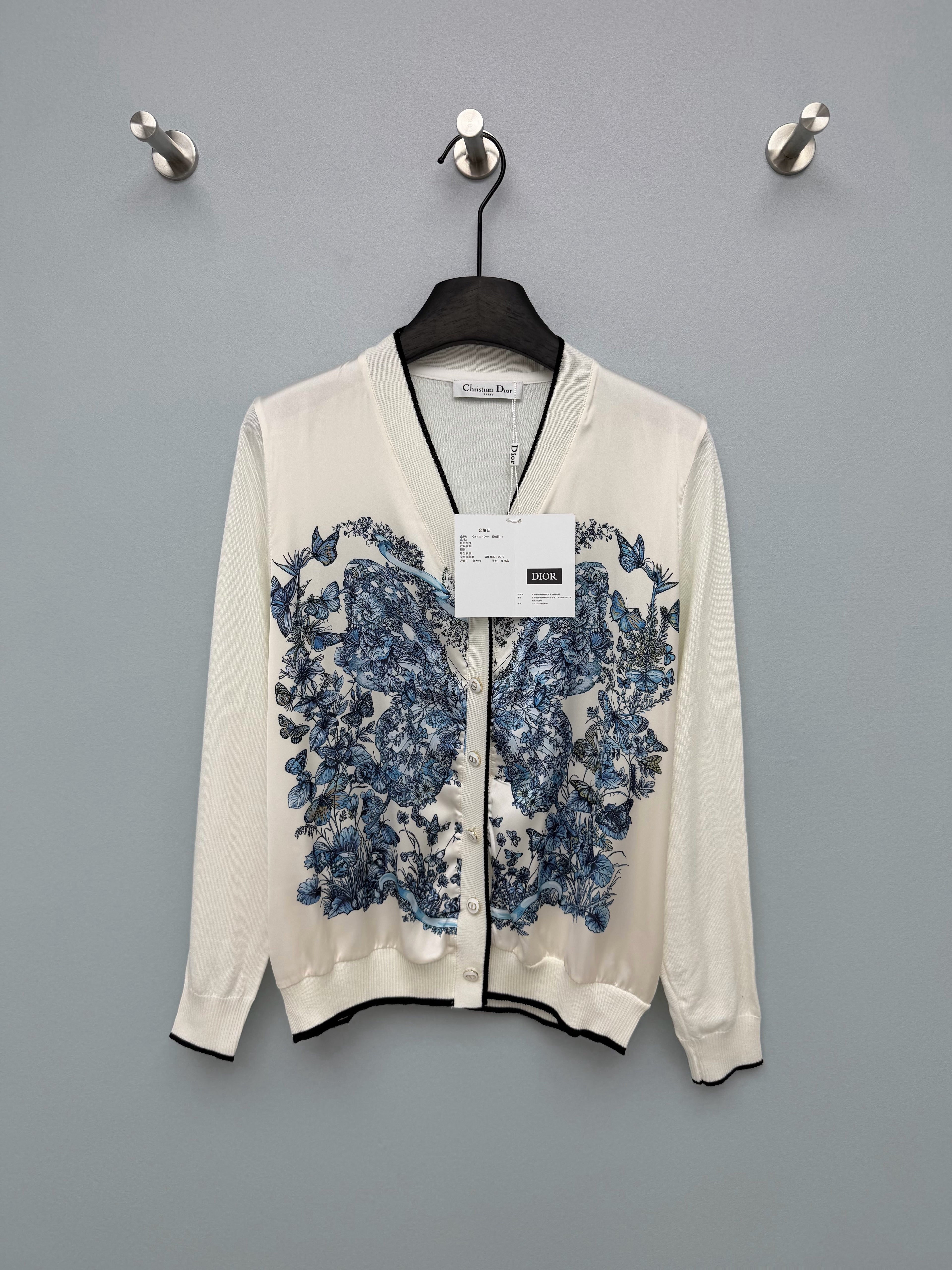 Dior / New Blue Butterfly Floral Satin Paneled Cardigan