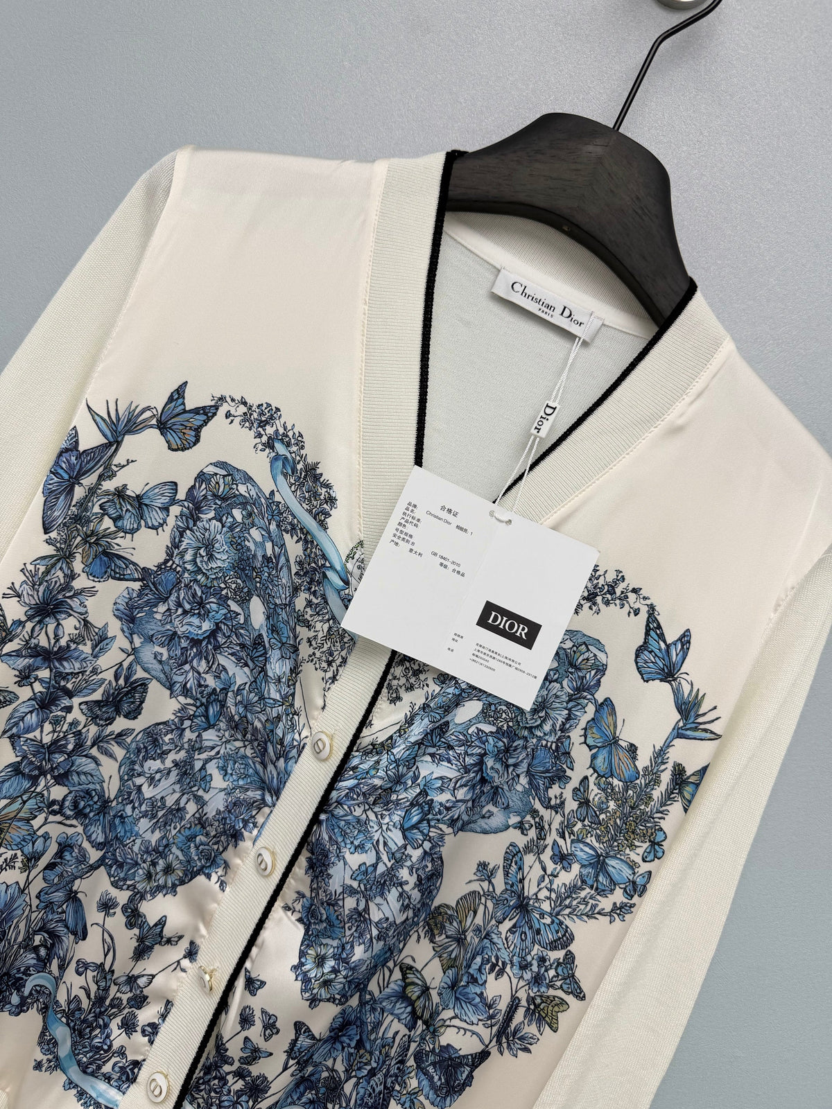 Dior / New Blue Butterfly Floral Satin Paneled Cardigan