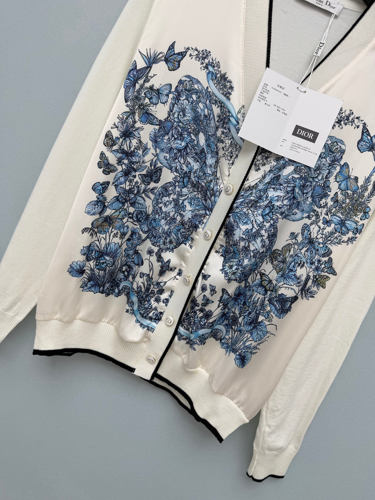 Dior / New Blue Butterfly Floral Satin Paneled Cardigan