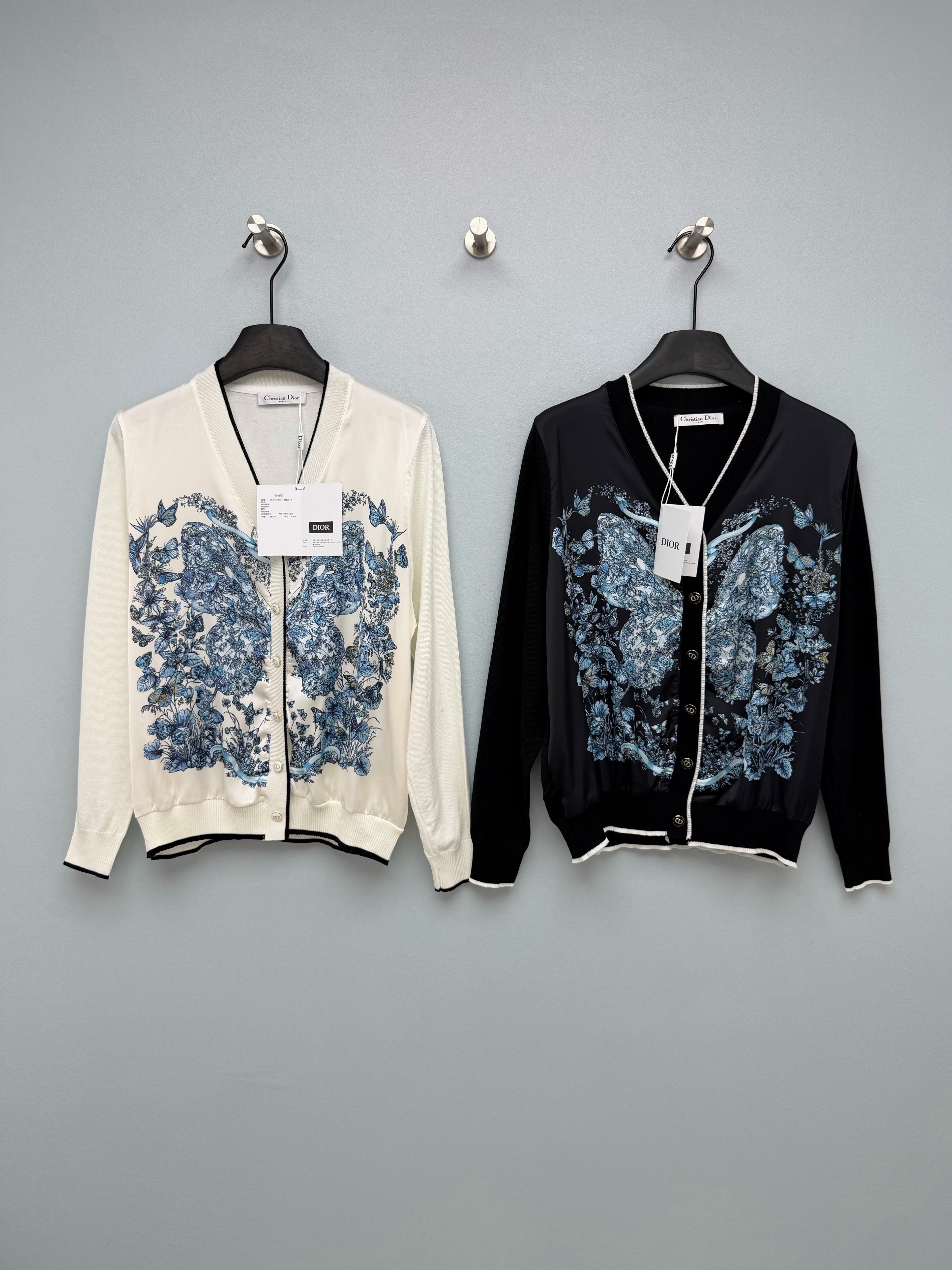 Dior / New Blue Butterfly Floral Satin Paneled Cardigan