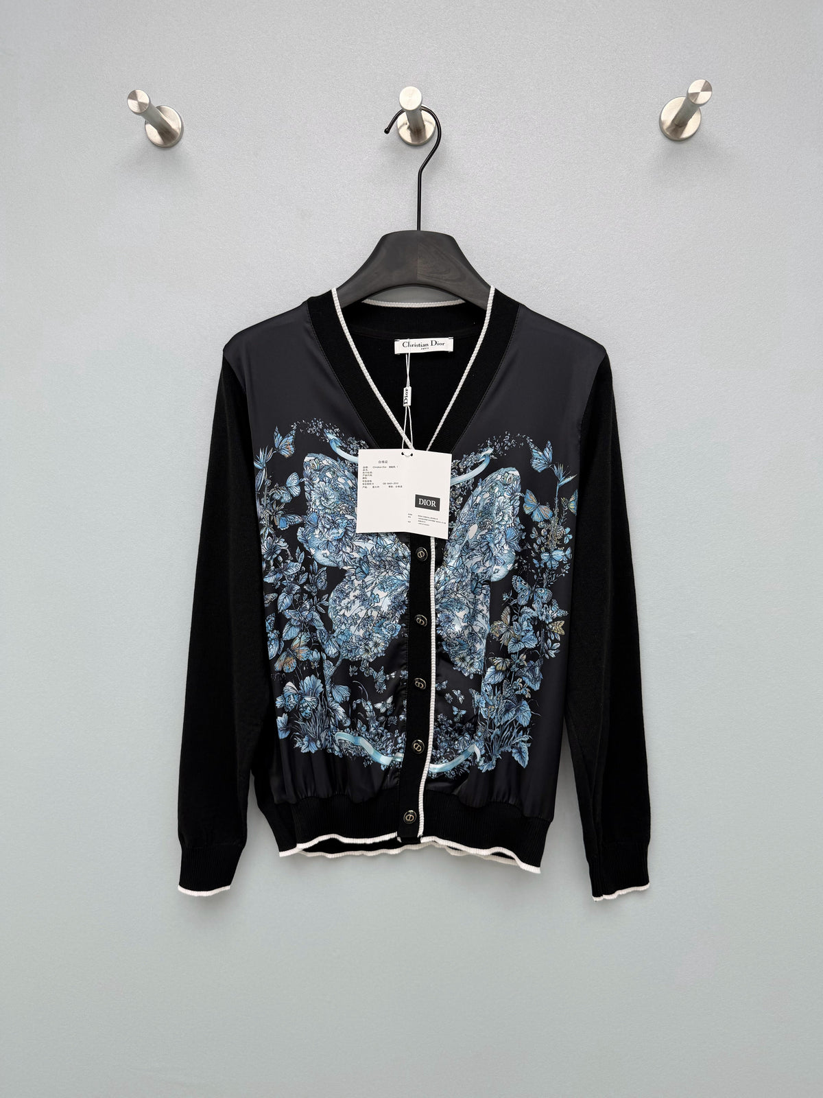 Dior / New Blue Butterfly Floral Satin Paneled Cardigan
