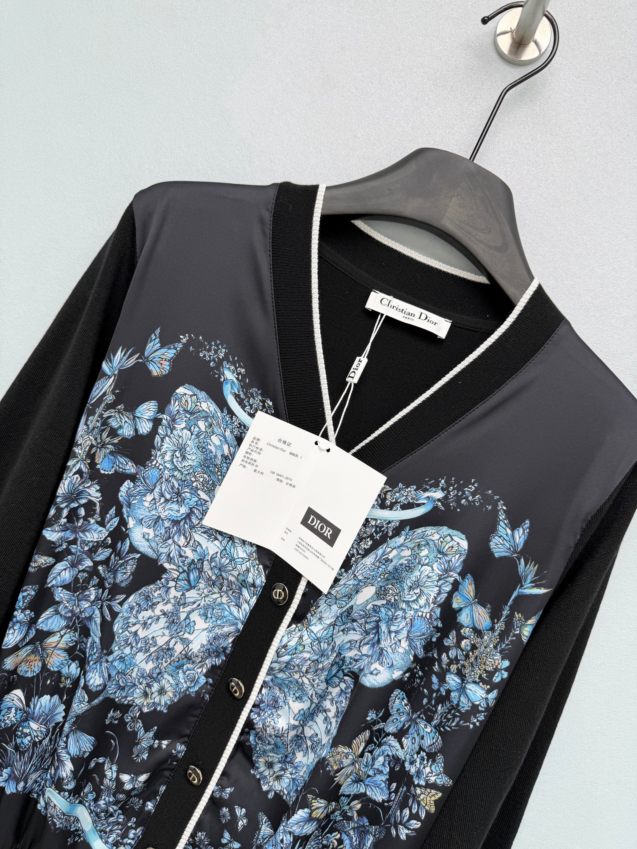 Dior / New Blue Butterfly Floral Satin Paneled Cardigan