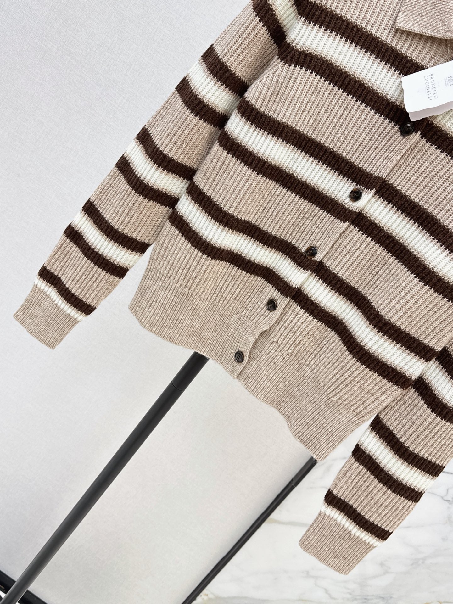 Brunello Cucinelli/26 Early Autumn Latest Color-Block Stripe Collared Cardigan