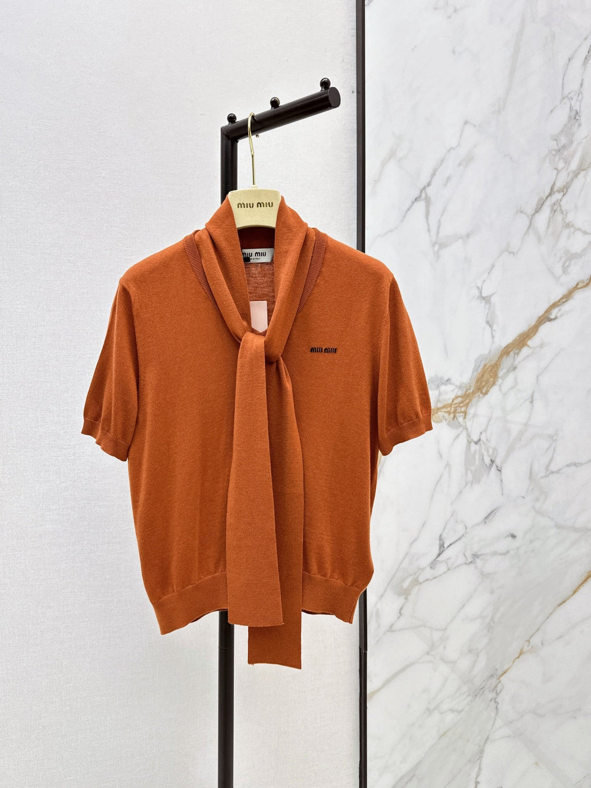 MiuMiu/26 Early Autumn New Caramel Ribbon Short-Sleeve Knit Top