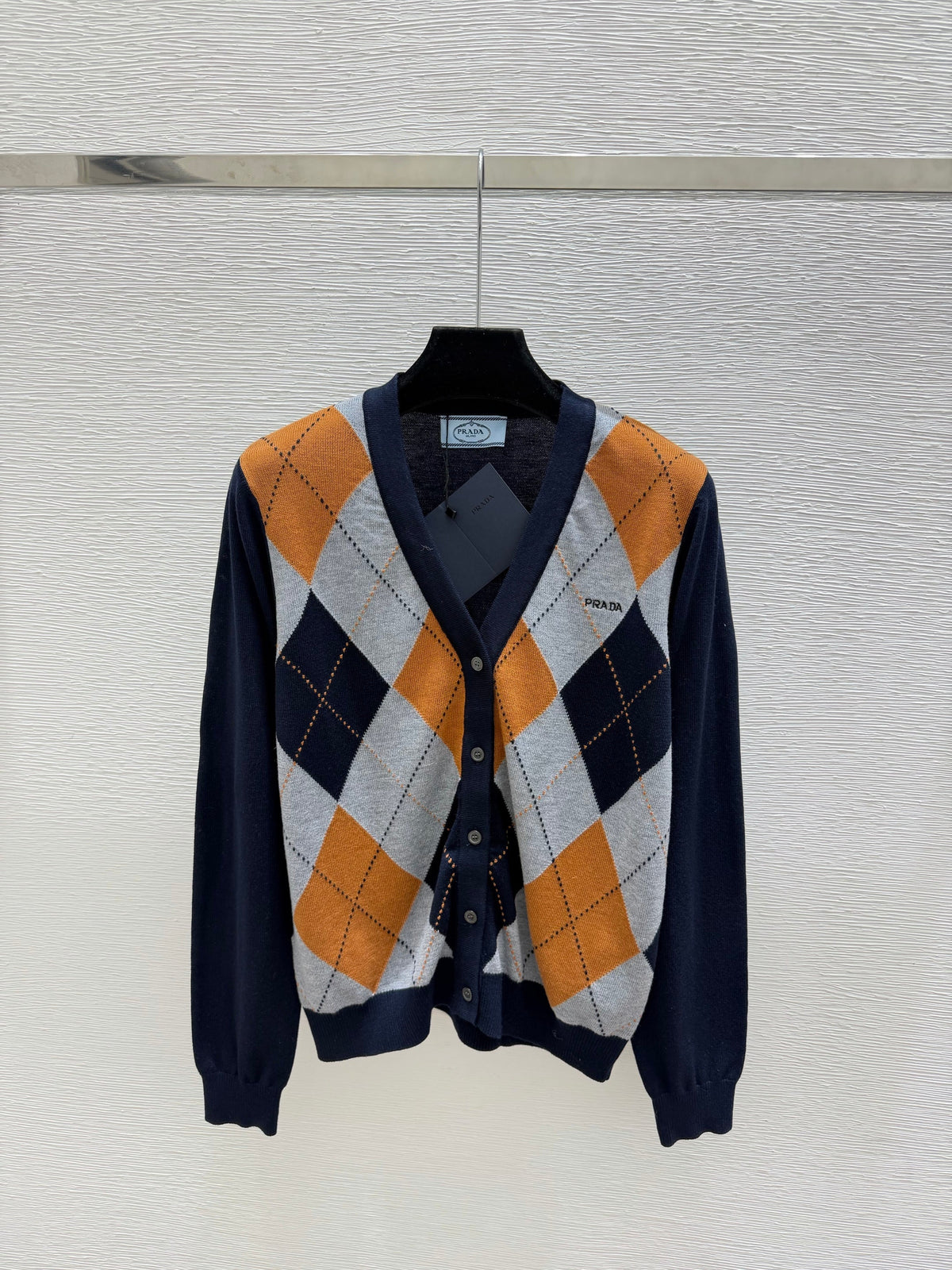 Prada / 26 Early Autumn New Color-Block Quilted V-Neck Knit Long-Sleeve Cardigan
